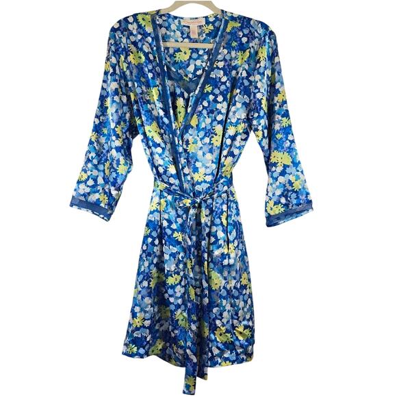 L Oscar De La Renta Pink Label VTG Blue Floral Slip & Robe Set Sze L Satin Bloom - Picture 1 of 16